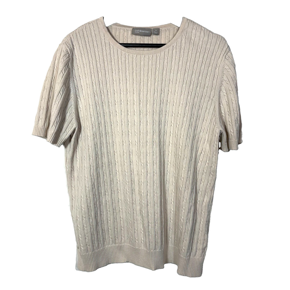 Off White Sweater Short Sleeve Cable Knit Crewneck 100% Cotton Preppy Minimalist